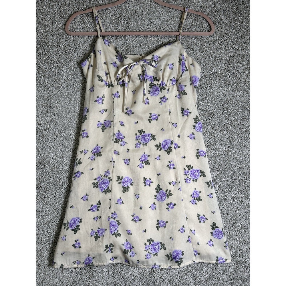 Forever 21 Floral Mini Dress Cream Purple Roses Tie Front Size S NWT